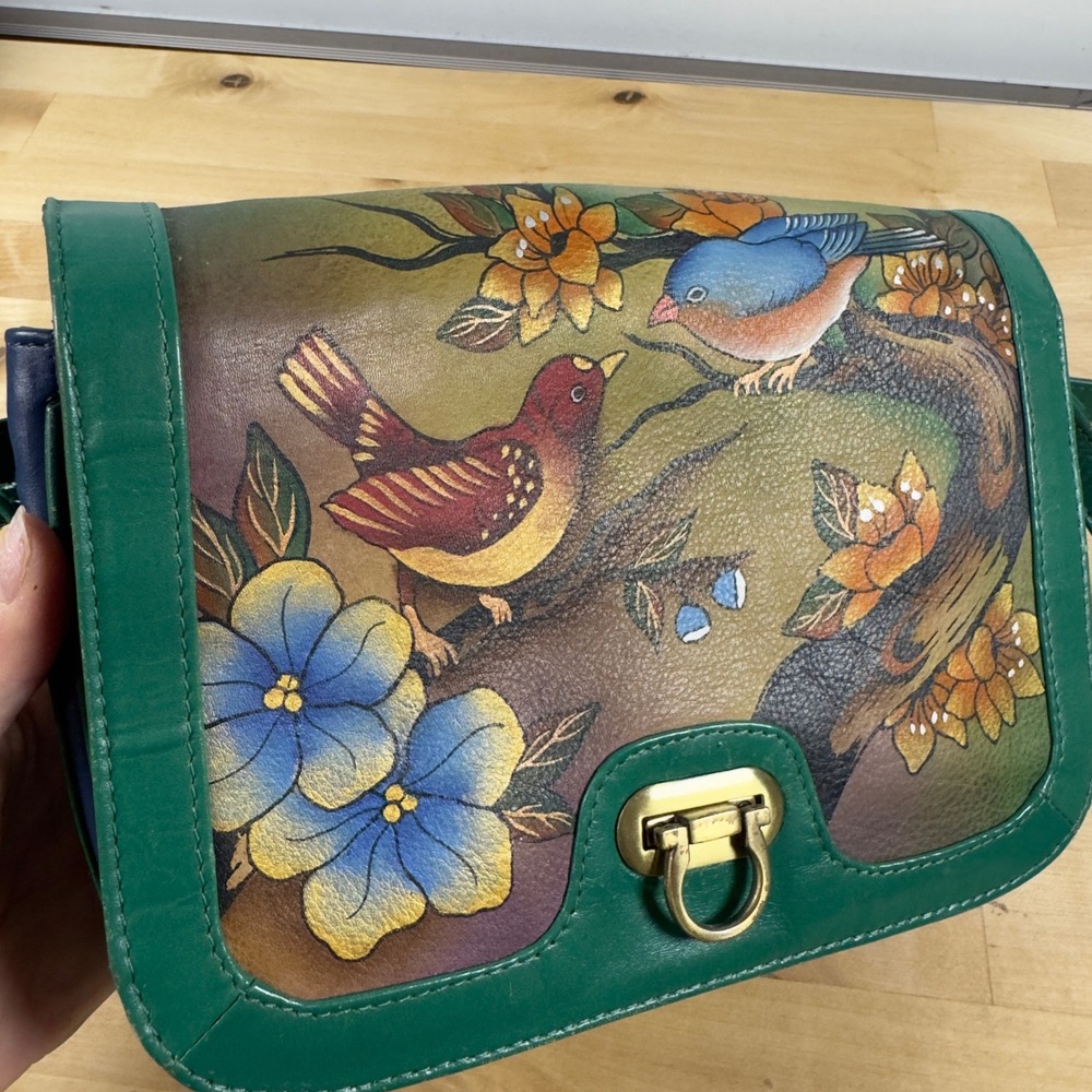 Anuschka Green Hand-Painted Bird Crossbody Bag - Picture 3 of 12